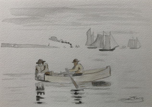 Niños pescando Graphite Paper Marine Painting