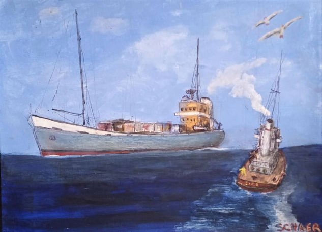 Tug and Cargo Acrylic Paper Marine Painting