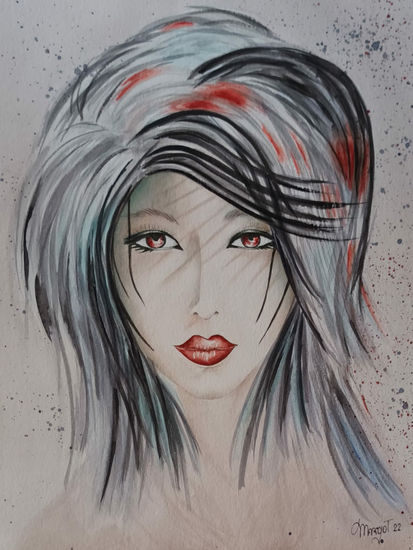 La joven japonesa Watercolour Paper Portrait