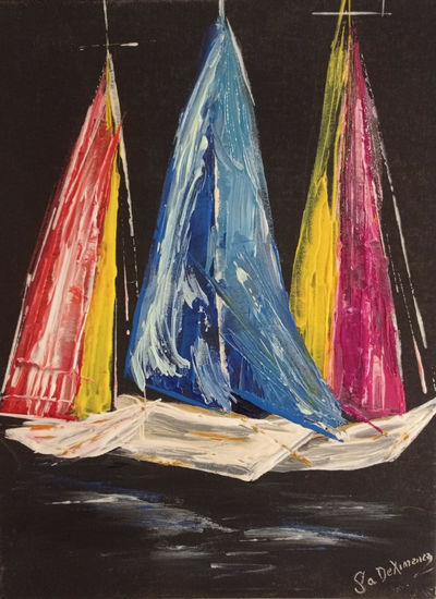 BOATS IN THE DARK Acrylic Canvas Marine Painting