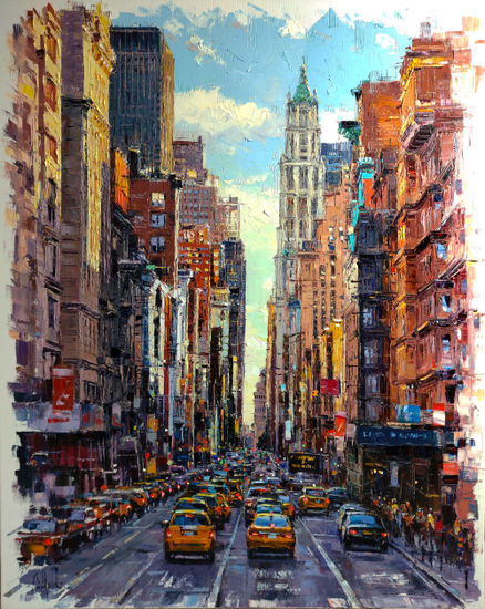 "Traffic in Broadway" Óleo Lienzo Paisaje