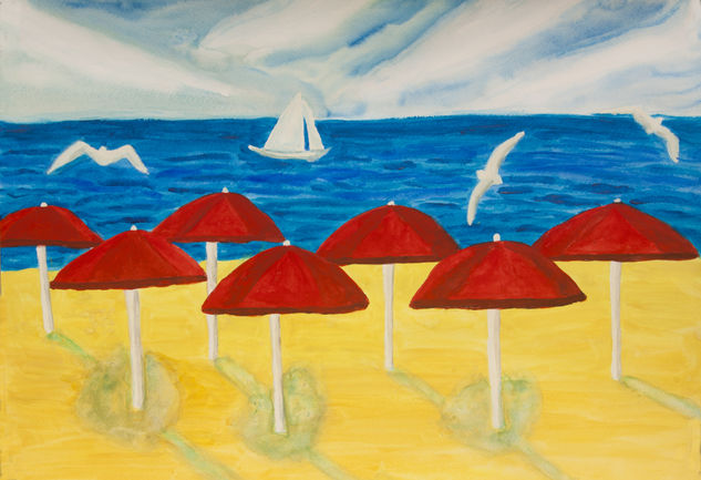 Red beach umbrellas Watercolour Paper Marine Painting