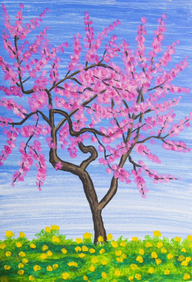 Pink tree with dandelions