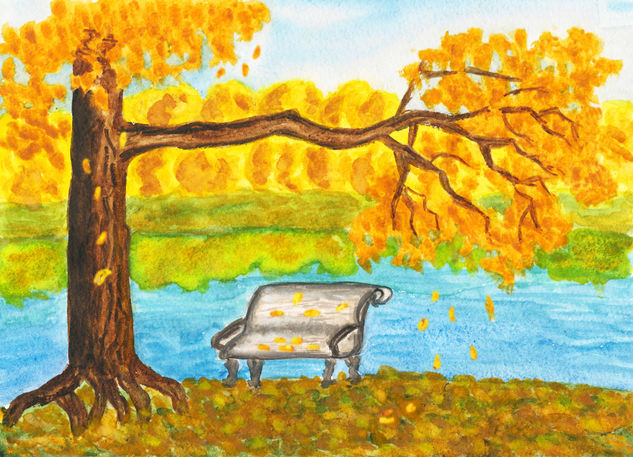 Autumn landscape with bench Acuarela Papel Paisaje