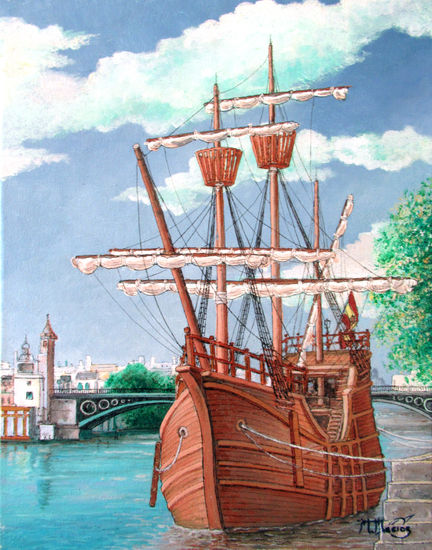 La nao ´Victoria´ Rio Guadalquivir Oil Canvas Marine Painting