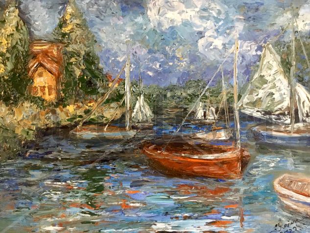 Boats on the lake Oil Canvas Landscaping