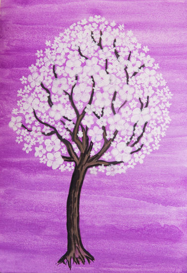 White tree on purple Acuarela Papel Paisaje