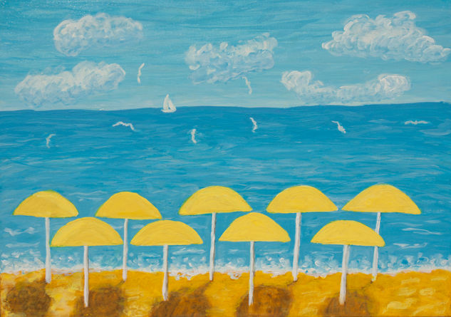 Yellow umbrellas on light blue sea Acrylic Canvas Marine Painting