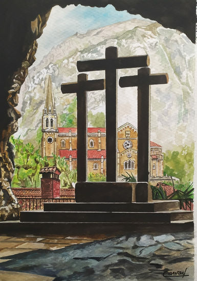 LAS TRES CRUCES Acuarela Papel Paisaje