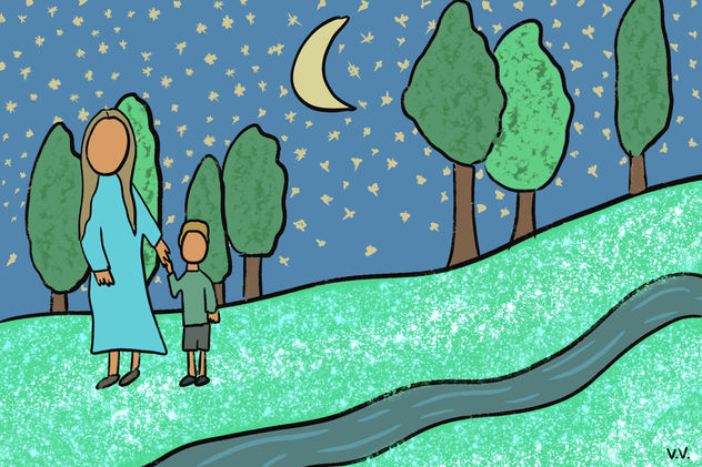 Madre y niño en una noche de verano