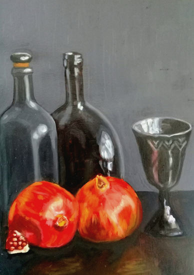 Granadas, aceite y vino. Oil Paper Still Life Paintings