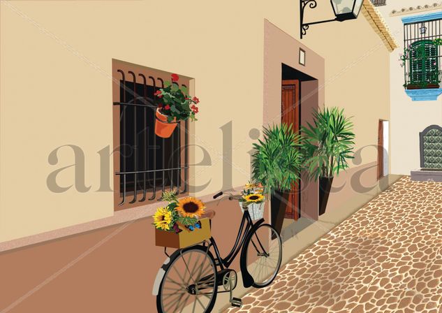 calle con bicicleta y girasoles 