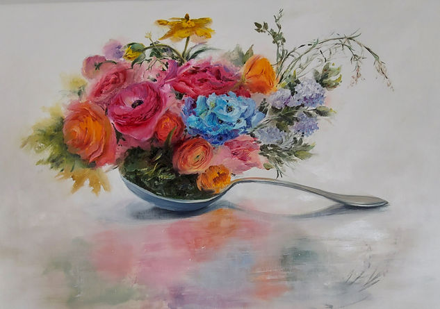 'Breakfast' Oil Canvas Floral Painting