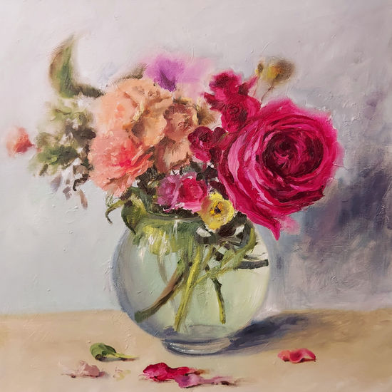 Flowers in round vase Óleo Lienzo Bodegones