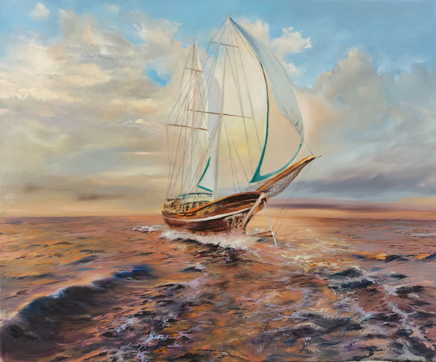 Sunset sailboat Oil Canvas Marine Painting