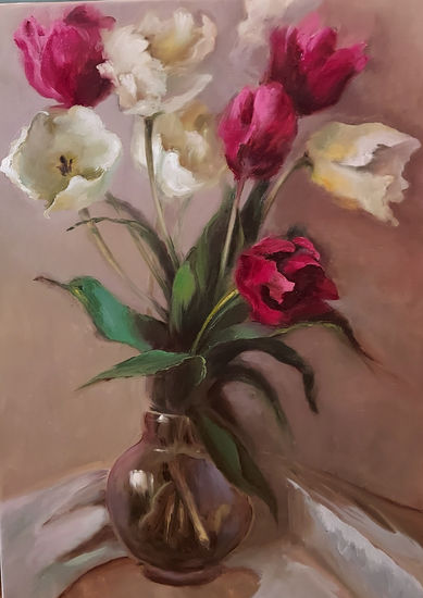 'Tulips in Vase' Oil Canvas Floral Painting