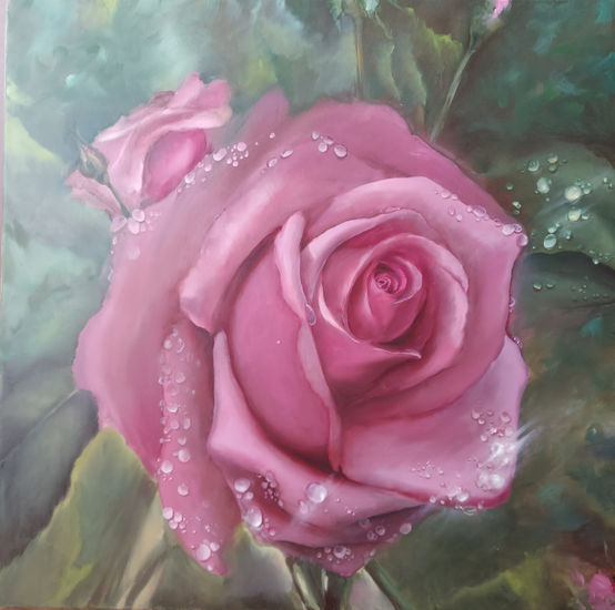 'Rose with dews' Oil Canvas Floral Painting