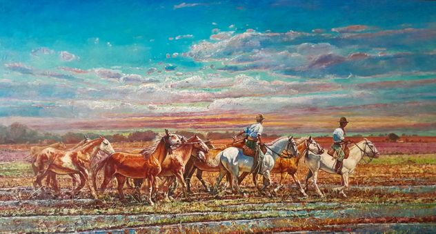 "Al galope en la pampa Argentina.1.50x0.80 más óleo sobre tela