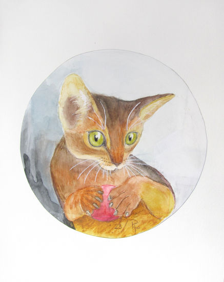 gatito con pelota roja Watercolour Paper Animals