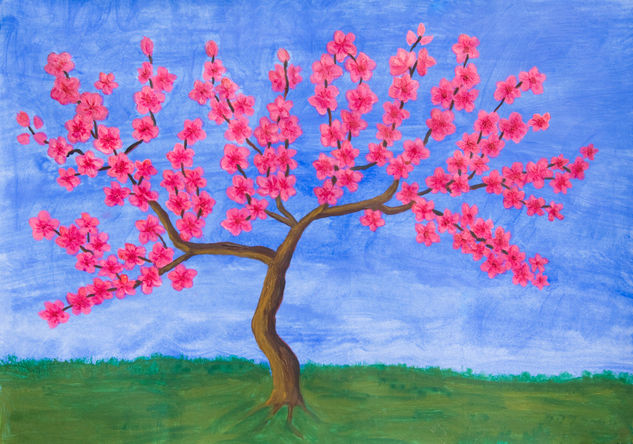 Little peach tree on blue sky Acrylic Paper Landscaping