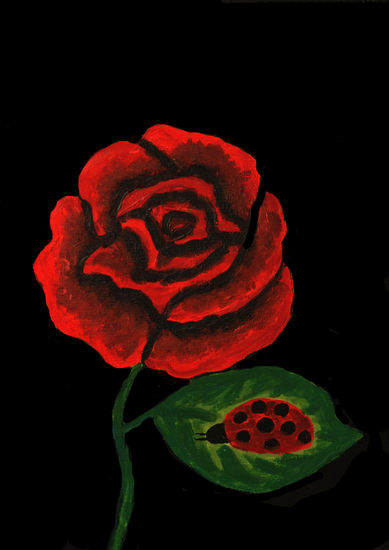 Red rose with ladybird Óleo Tabla Floral