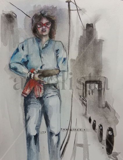 En el tranvia Watercolour Paper Figure Painting