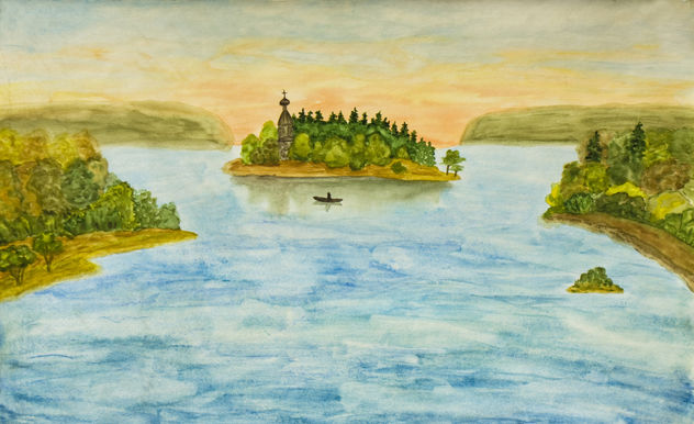 Island with church on lake