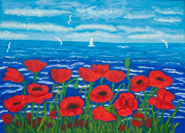 Seascape with red poppies Acrylic Canvas Marine Painting