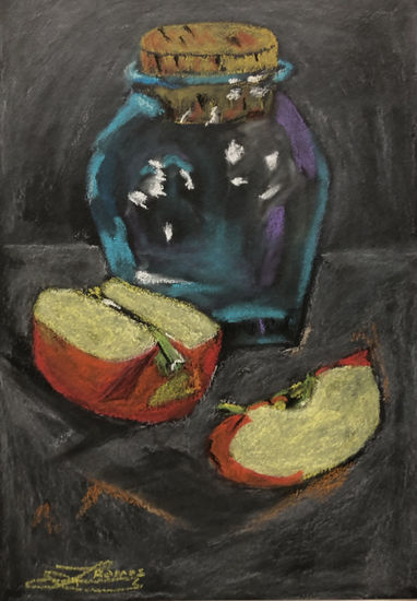 Tarro y manzanas Pastel Paper Still Life Paintings