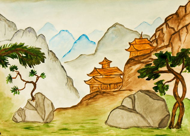 Landscape with Chinese houses in hills Acuarela Papel Paisaje