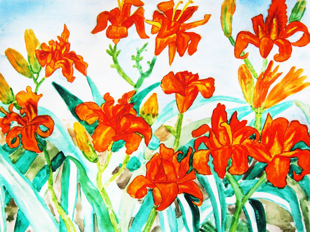 Orange lilies horizontal Watercolour Paper Floral Painting