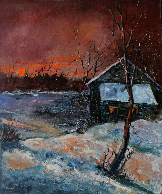 Snowy landscape at sunset