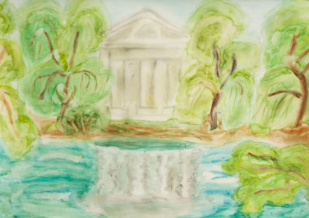 Summer landscape with white palace and trees near lake