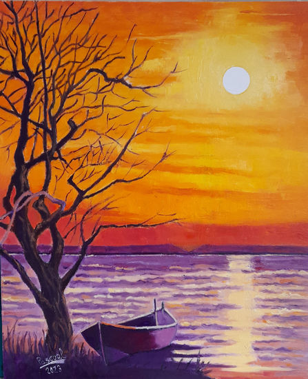 Atardecer en el lago Oil Panel Marine Painting