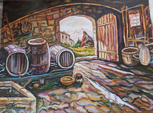 Bodega ,con  Barricas de Vino Oil Panel Still Life Paintings