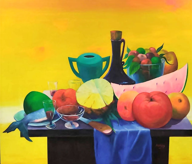 LUIS BASTIDAS BENAVIDES - BODEGON CON SANDIA Oil Canvas Still Life Paintings