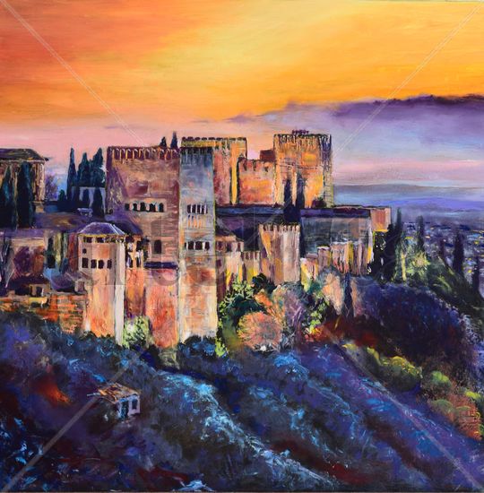 Puesta Alhambra Óleo Tabla Paisaje