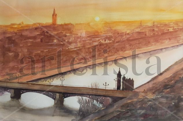 Amanecer puente Acuarela Papel Paisaje