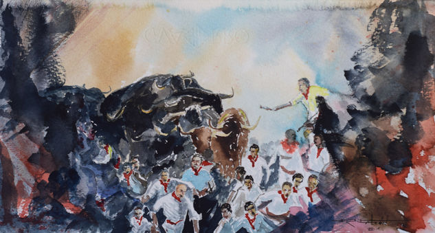 Sanfermines Watercolour Paper Figure Painting