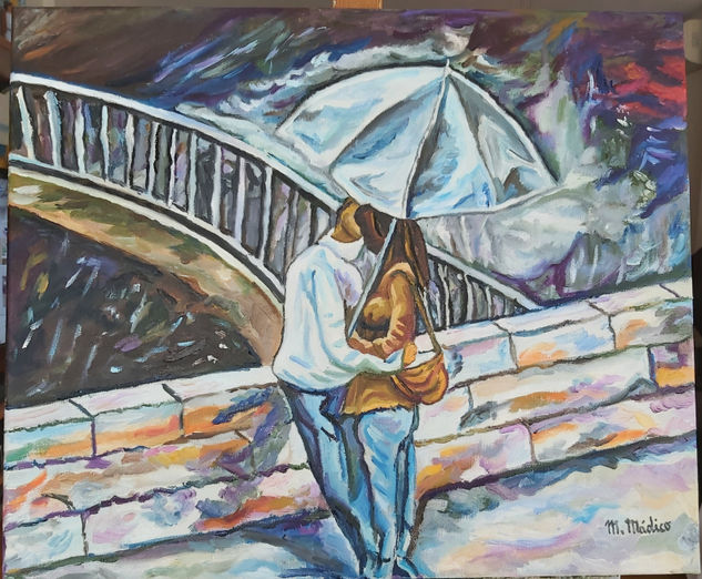 Amor bajo la Lluvia en el puente de Carlos (Praga) Óleo Lienzo Figura