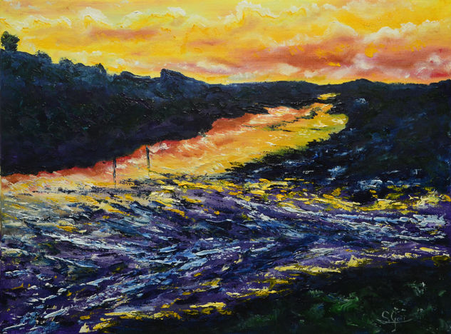 La ria de Limpias al atardecer Oil Canvas Marine Painting