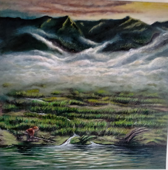 Niño pescando Acrylic Canvas Landscaping