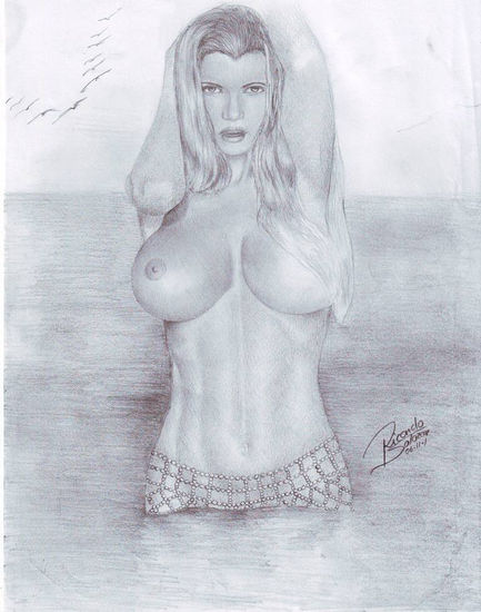 En la playa Pencil (Black) Paper Nude Paintings