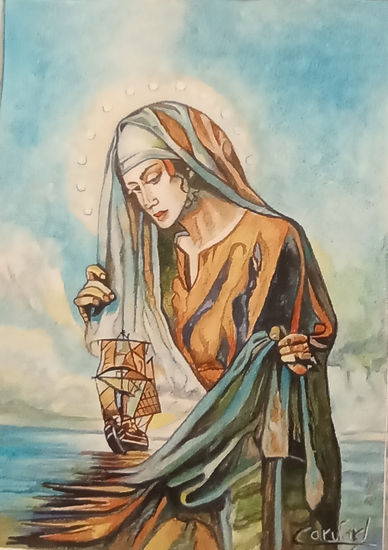 VIRGEN DEL MAR Acuarela Papel Marina