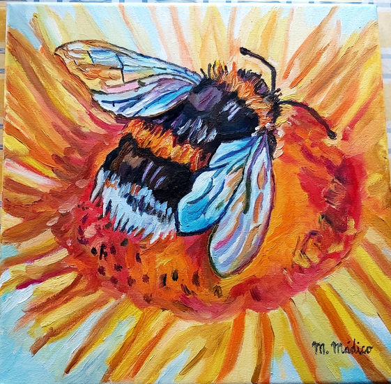 Abeja ,sobre una flor,cogiendo el Polen Oil Canvas Animals