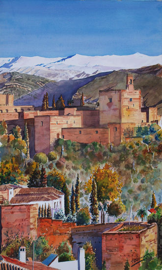 Muralla zirí, Alhambra y sierra Nevada Watercolour Paper Landscaping