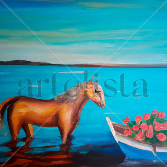 horse in the sea smelling roses 