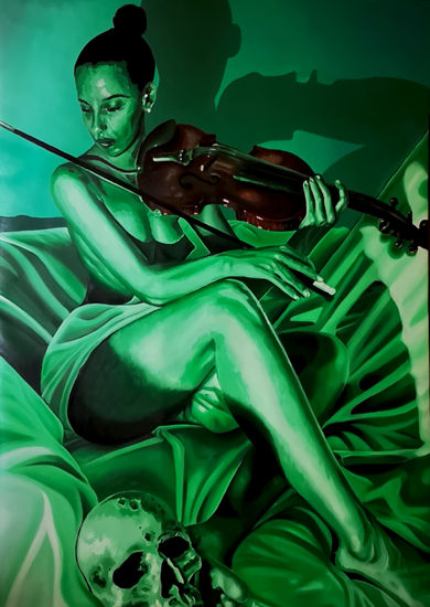 La Dama del Violín Verde Óleo Lienzo Retrato