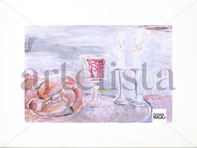 Mesa de Shabbat Pintura Acrílico Original / Naturaleza muerta / Velas de Shabat / Jerusalén / Arte judío / Judaica / Israel Acrílico Papel Bodegones