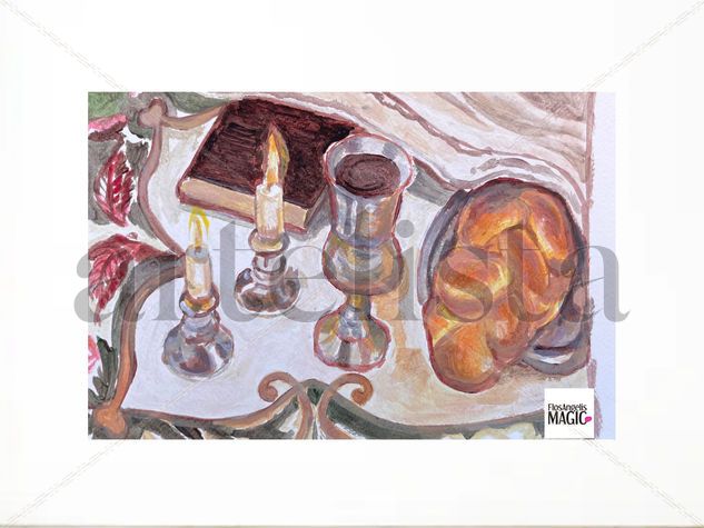 Mesa de Shabbat Pintura Acrílico Original / Naturaleza muerta / Velas de Shabat / Jerusalén / Arte judío / Judaica / Israel Acrylic Paper Still Life Paintings